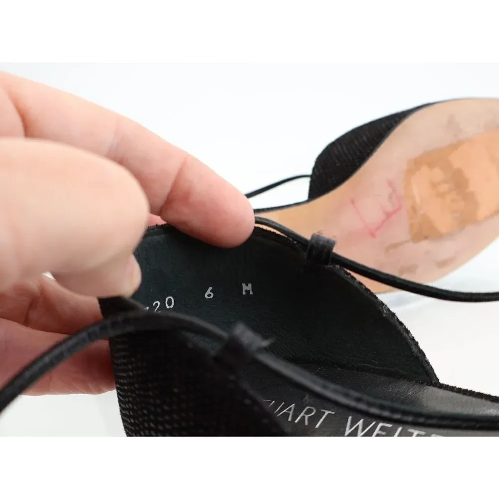 Stuart Weitzman Gilligan Ballet Flats Lace Up Pointed Toe Black Size 6 M Leather